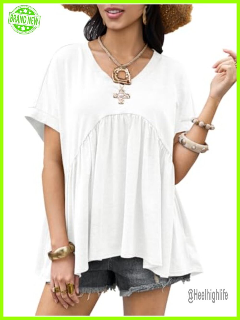 Womens Peplum Babydoll Short Sleeve V Neck T Shirt Summer Top